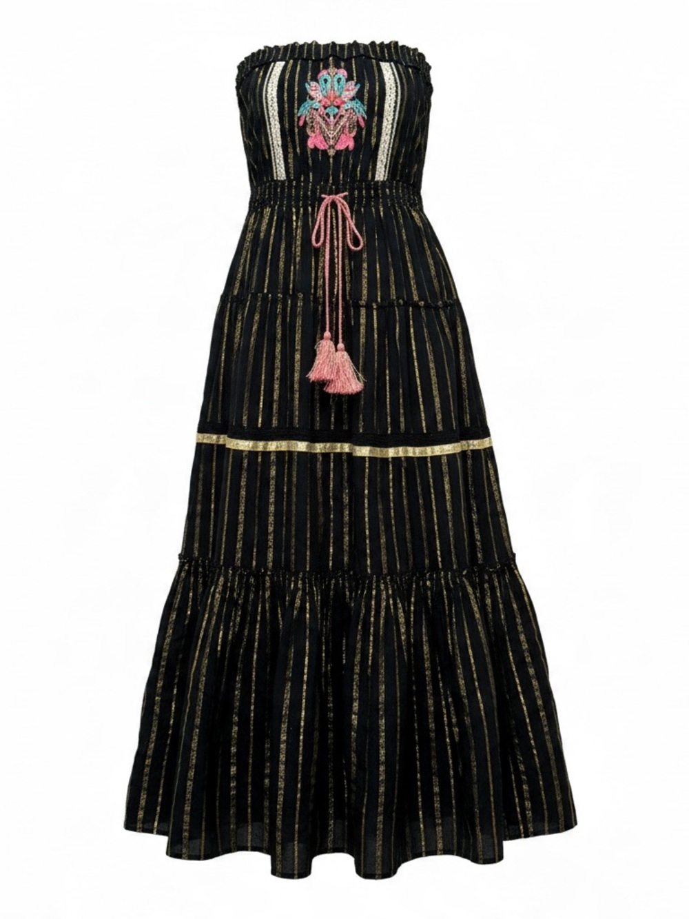 VENUS Black Strapless Maxi Dress with Gold Stripes and Pink Embroidery Medium